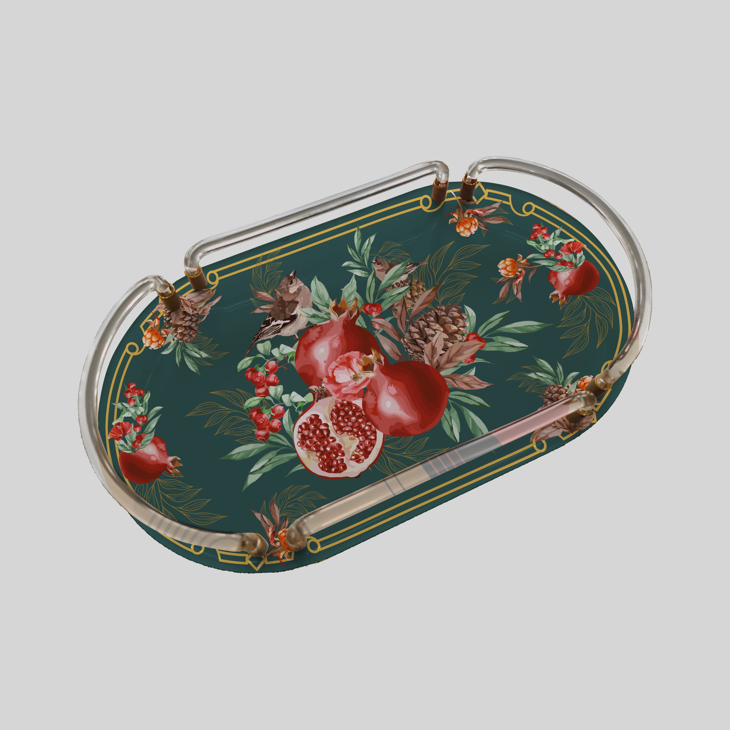 Pomegranate Green Oval Pleksi Tepsi