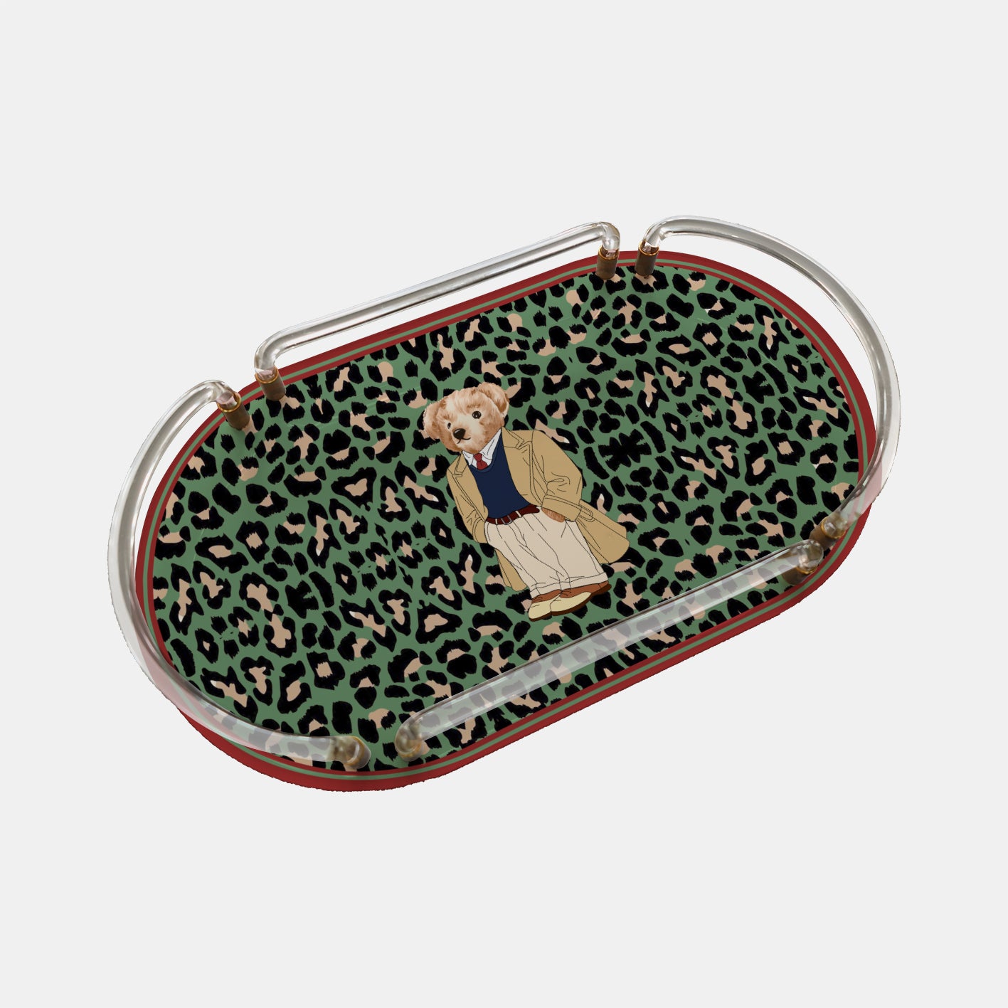 Leopar Teddy Bear Oval Pleksi Tepsi